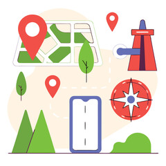 Hand-Drawn Navigation Icons: Map Symbols & Elements for Design Projects UI UX gps cute route retro  