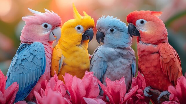 Colorful parrots perched among pink flowers
