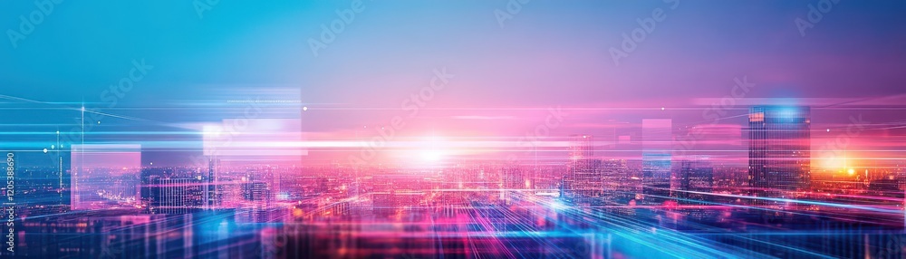 Poster vibrant abstract cityscape composition featuring dynamic shapes and vivid colors creating a modern u