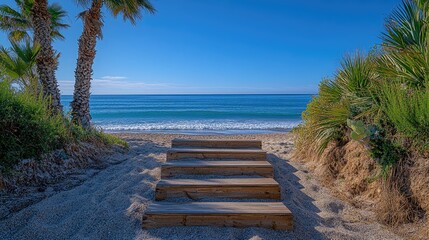 Serene beach pathway leading to a calm ocean under a clear blue sky, surrounded by palm trees