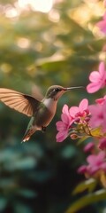 Naklejka premium hummingbird with golden-green feathers, captured mid-flight as it approaches a pink flower
