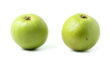 Two vibrant green apples rest side by side on a clean white surface, showcasing their glossy skin and fresh appearance.