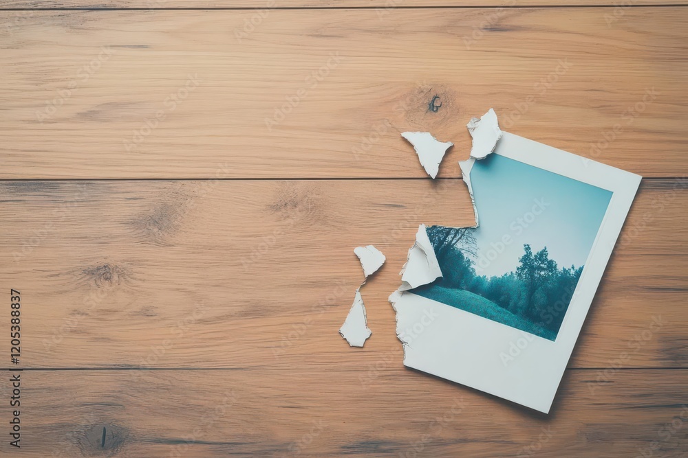 Poster a serene view of lush green forest through a rustic hole in a wooden floor evoking a sense of nature