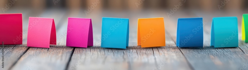 Aufkleber Vibrant Colorful Paper Blocks Arranged Artistically on a Rustic Wooden Table Creating a Playful and Creative Atmosphere in a Cozy Environment