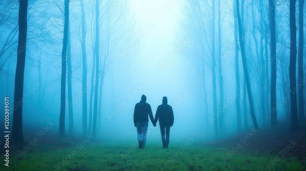 Poster mysterious foggy forest path with two silhouetted figures walking amidst lush greenery evoking a sen
