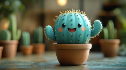 Adorable Cartoon Cactus in a Pot, Smiling Cheerfully