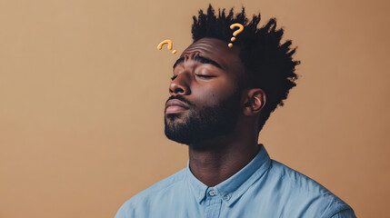 Obraz premium Man surrounded by question marks, thinking 