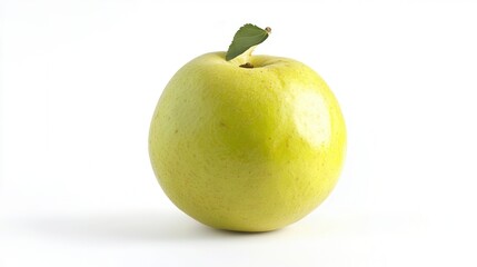 A fresh green apple featuring a vibrant leaf, showcasing its natural beauty and healthy appeal.