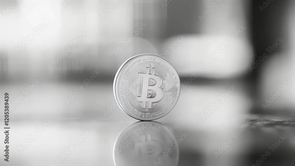 Aufkleber silver bitcoin standing on a reflective surface, representing modern finance and investment in crypt