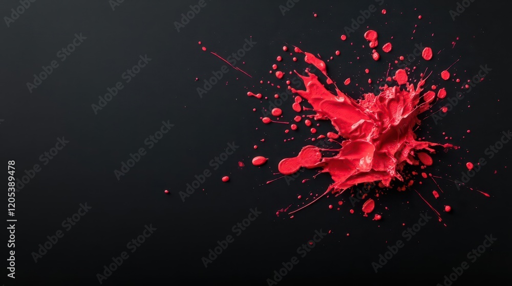 Poster vibrant red paint splashing dramatically against deep black background creating a bold artistic cont