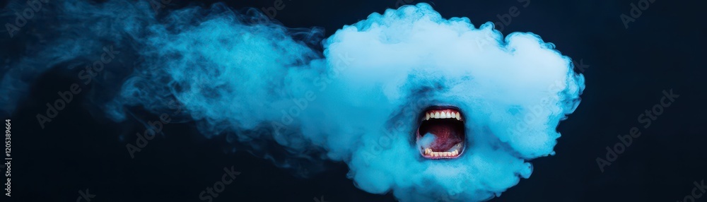 Poster mysterious blue smoke cloud forming a large mouth shape evoking intriguing imagery and imagination i
