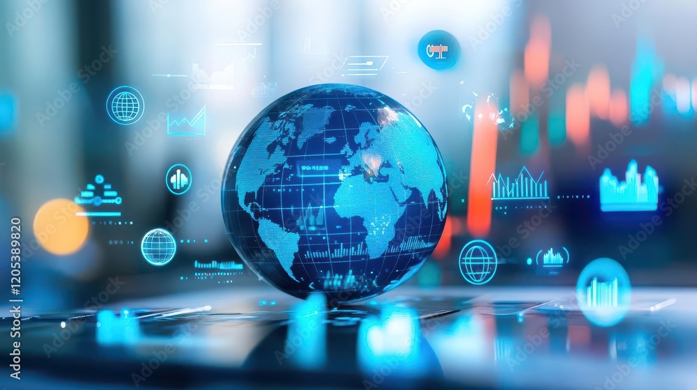 Poster A Globe Surrounded by Diverse Icons and Analytical Graphs Representing Global Connectivity and Data Visualization in a Modern Digital Environment