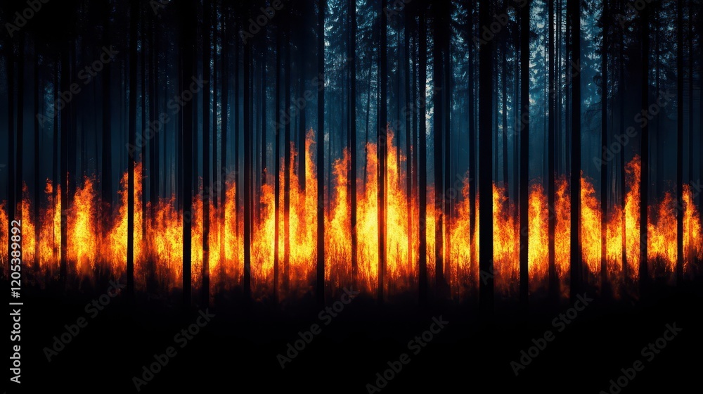Poster Enchanting Forest Scene with Vibrant Flames Illuminating Trees and Underbrush Creating an Atmosphere of Heat and Wild Nature in a Serene Environment