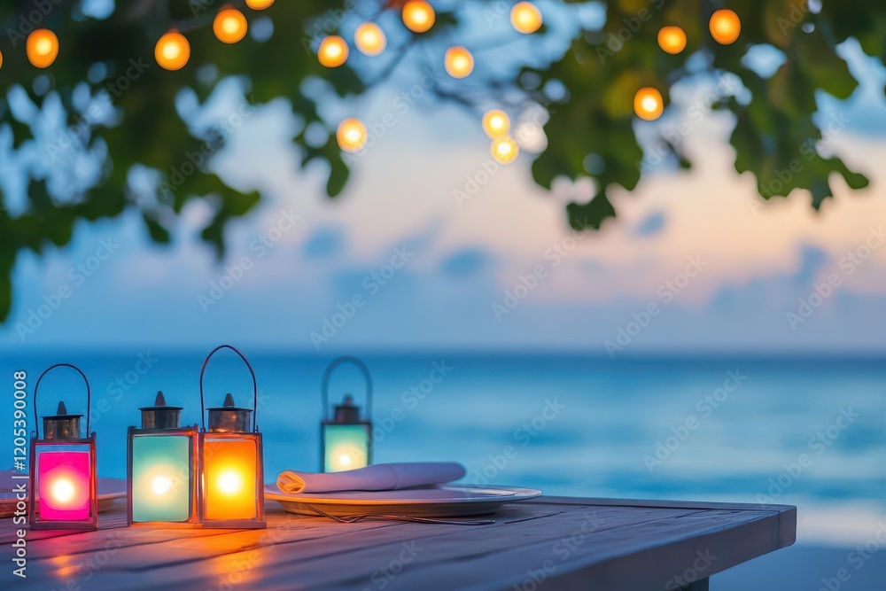 Leinwandbilder Charming Table Setting Featuring Two Elegant Lanterns and a Decorative Plate Surrounded by Warm Ambient Light Creating a Cozy and Inviting Atmosphere