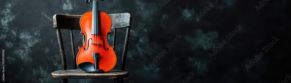 Poster elegant wooden violin resting gracefully on a simple chair surrounded by soft light evoking a sense 