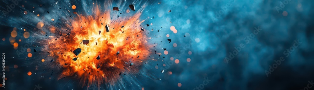 Poster dramatic nighttime explosion illuminating the darkness with vibrant colors and fiery energy in a stu