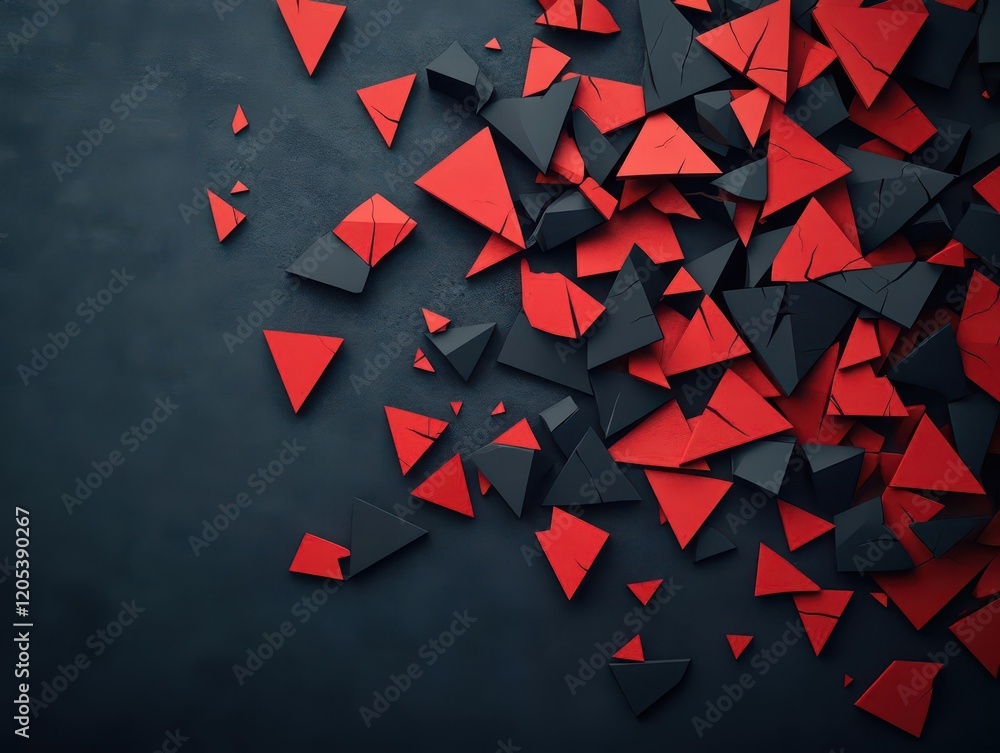 Poster vivid red paper pieces scattered elegantly across a dark black background creating a striking contra