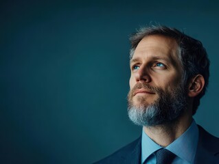 Fototapeta premium Portrait of a bearded man in a blue shirt exuding confidence and style with a warm smile against a softly blurred urban background setting