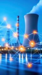 Conceptual energy grid connected to a nuclear plant, dynamic design, 3D illustration