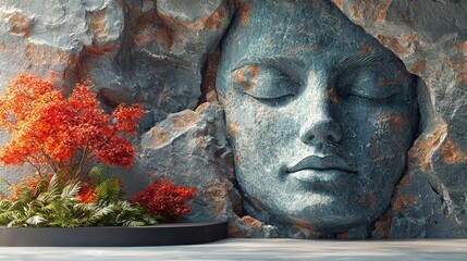 Sculpted face on a stone cliff with autumn trees