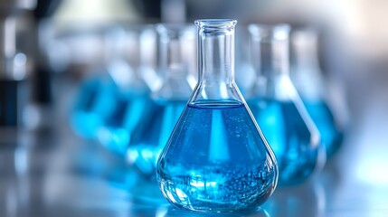 A close up of glass beakers filled with clear blue liquid