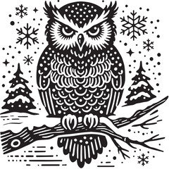 Black Color Snowy Owl Silhouette Vector Illustration, Solid White Background. minimal vector design