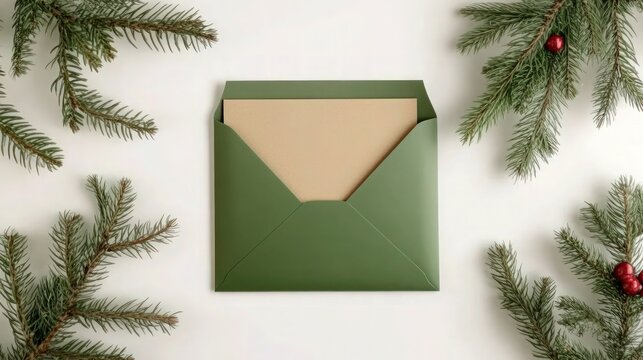 Stop motion video of green opening envelope on white background with branches of Christmas tree. Kraft paper card is taken out of new year envelope and opened. Copy space. Top view.