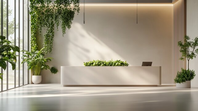 A minimalist hotel reception area with clean lines, natural greenery, and soft lighting, offering a serene and welcoming experience for guests.