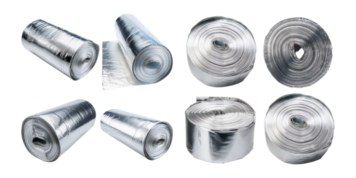 Rolls of shiny aluminum foil in various orientations, mega bundle, isolated on a transparent background.