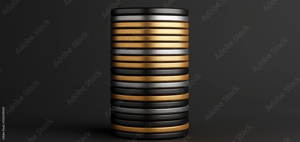 Poster stacked metallic disks display studio product photography dark environment front view industrial des