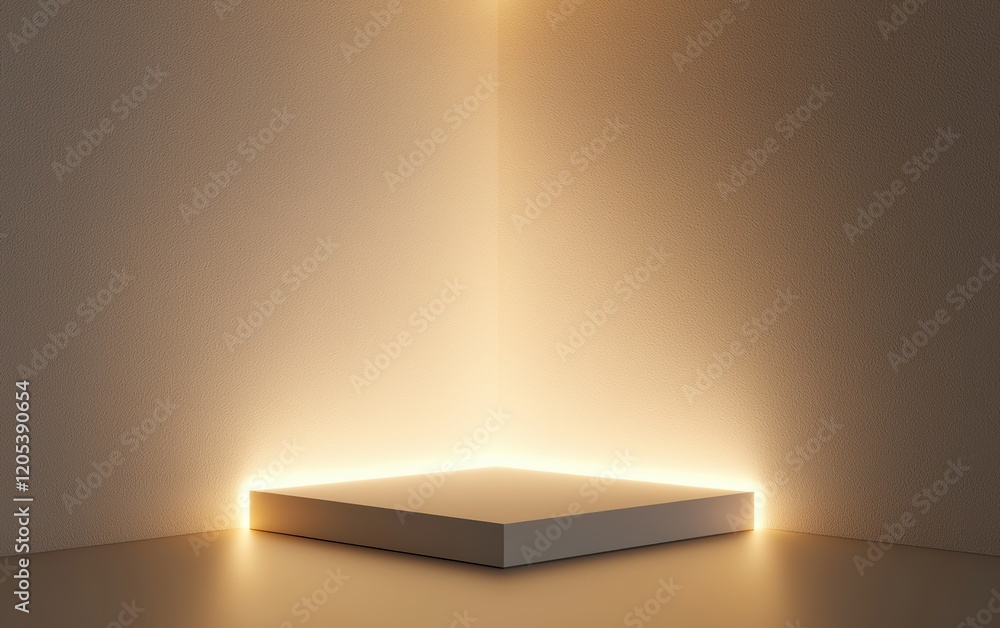 Poster illuminated display platform minimalist studio product photography soft lighting eye-level view mode