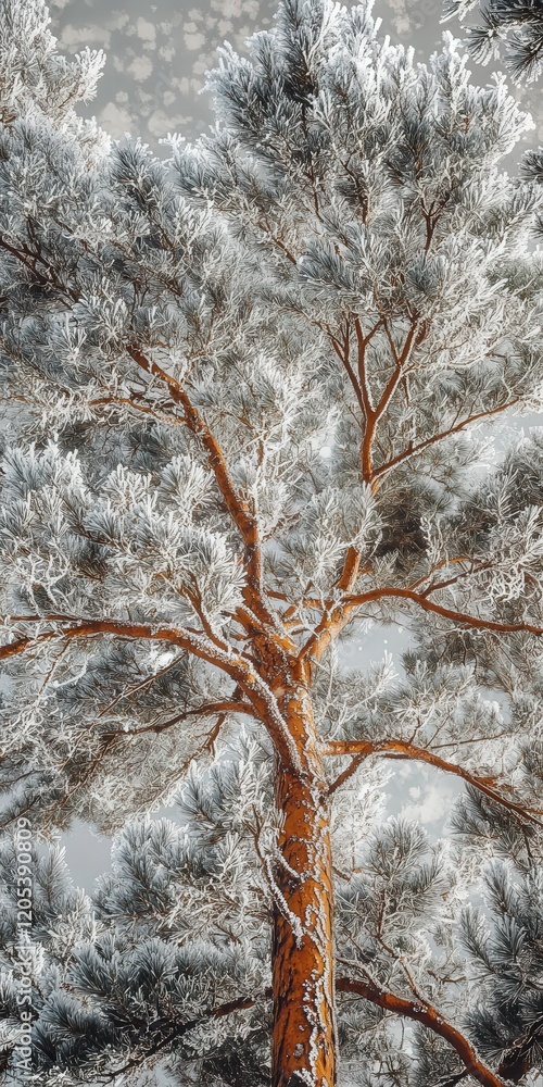 Poster tall pine tree in winter, its frosted branches forming intricate patterns when viewed from above
