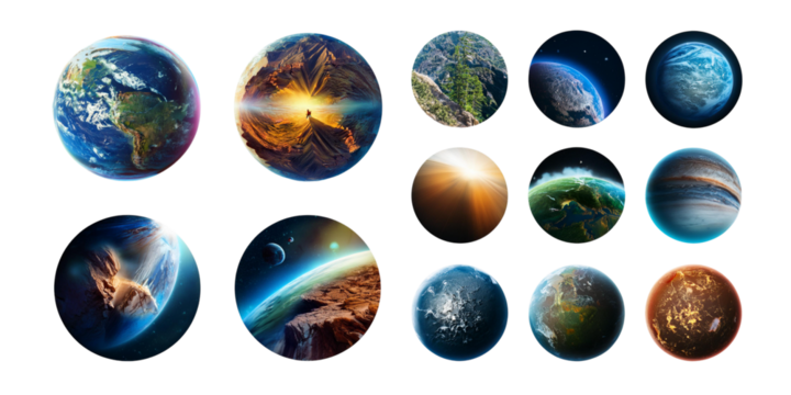Stunning Planetary Landscapes and Celestial Views, set collection, mega bundle, isolated on transparent background
