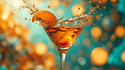 Orange cocktail splashing in a glass with ice cubes and glowing festive lights