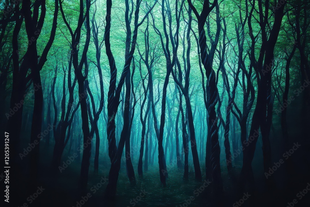 Leinwandbilder Mysterious Forest Enshrouded in Soft Fog with Towering Trees Creating an Enigmatic and Serene Atmosphere Perfect for Nature Enthusiasts and Wanderers