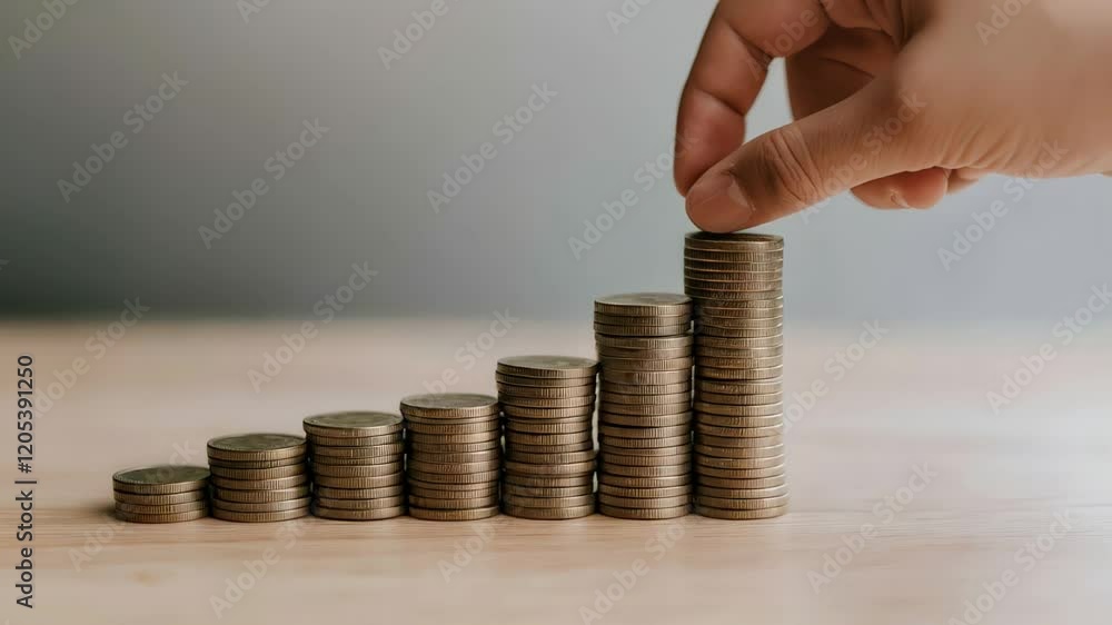 Poster Hand adding coin to a stack of coins arranged as a growing graph on a wooden desk, symbolizing increasing profits, successful investment, and wealth accumulation