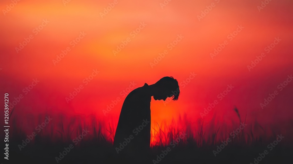 Poster woman standing in open field surrounded by tall grass and wildflowers with vibrant sunset sky creati