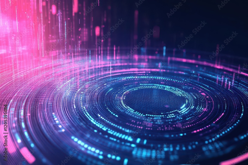 Leinwandbilder Intricate Circular Design of Pink and Blue Lines Against a Deep Black Background Creating a Modern and Vibrant Abstract Art Composition
