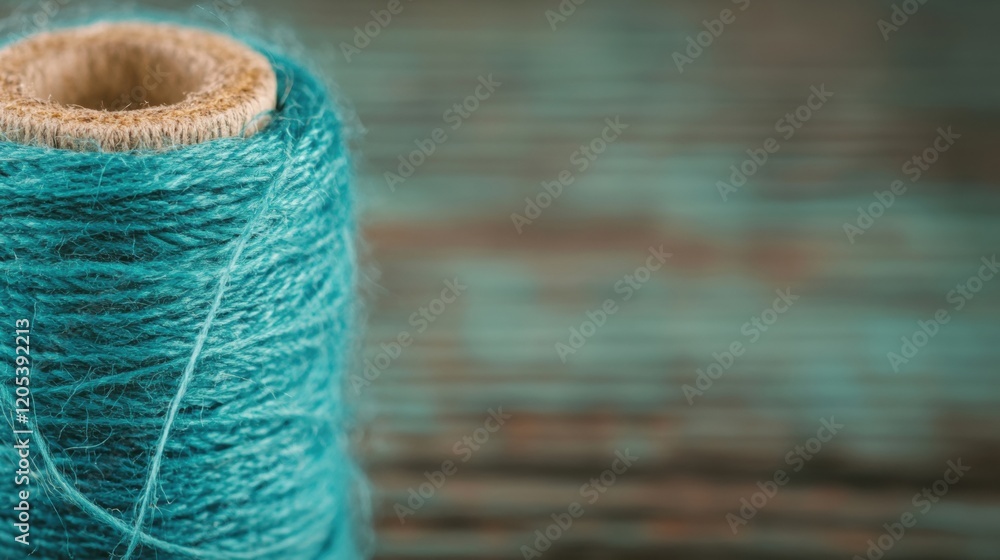 Poster bright turquoise thread spool positioned on a wooden table with a textured surface enhancing the cra