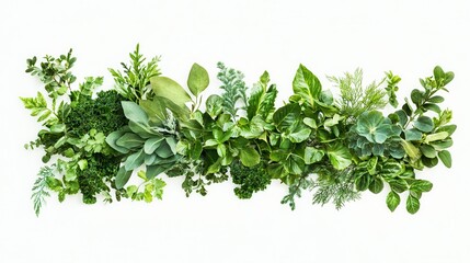 Obraz premium A long row of vibrant green plants arranged neatly on a clean white surface, showcasing their natural beauty and texture.