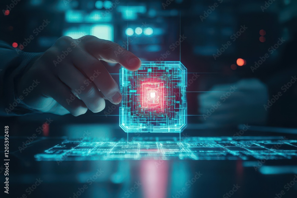 Poster A Close Up of a Hand Gently Pressing a Bright Red Button on a Sleek Modern Laptop Creating a Sense of Interaction and Technology in a Workspace