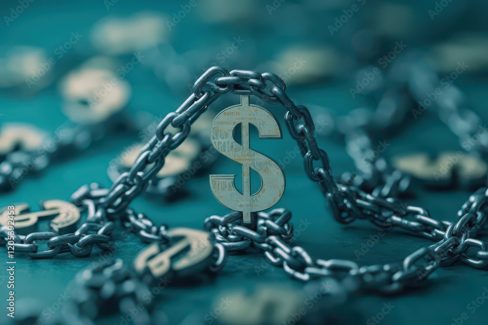Poster A Powerful Symbol of Wealth Represented by a Dollar Sign Bound by Heavy Chains Signifying Economic Constraints and Financial Struggles in Modern Society