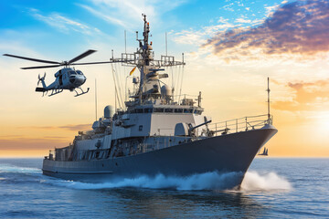 Fototapeta premium Warship boat carrying helicopter sailing in blue sea. Frigate and helicopter at sea.