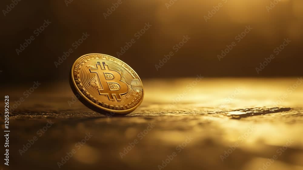 Poster golden bitcoin standing on a golden background representing investment in cryptocurrency and new fin