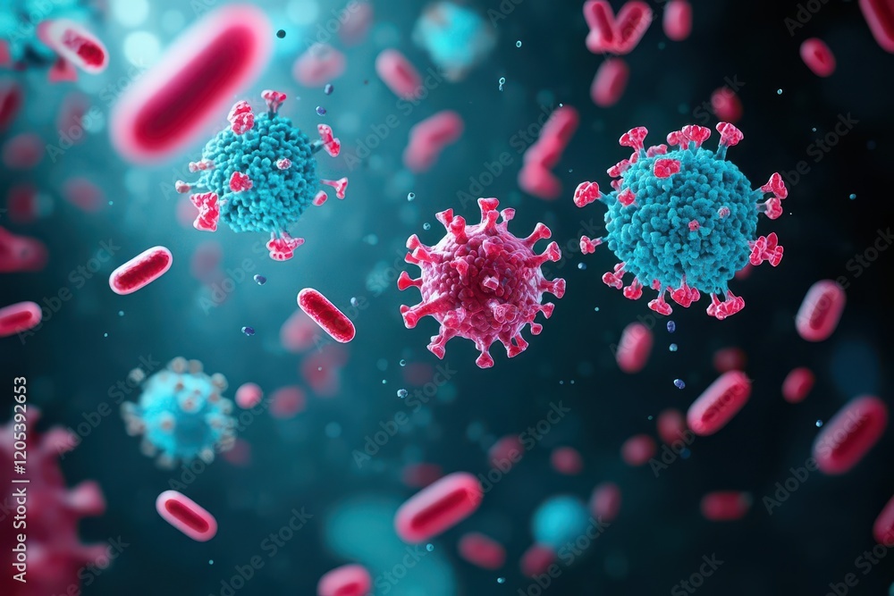 Aufkleber Colorful Group of Red and Blue Viruses Under a Microscope Highlighting Intricate Structures and Details Reflecting the Complexity of Microbial Life