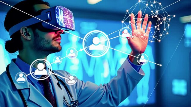 A doctor using virtual reality to interact with medical data in a futuristic setting.