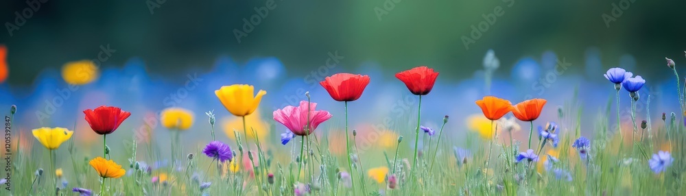 Poster vibrant field of colorful wildflowers in full bloom under a clear blue sky creating a cheerful and s