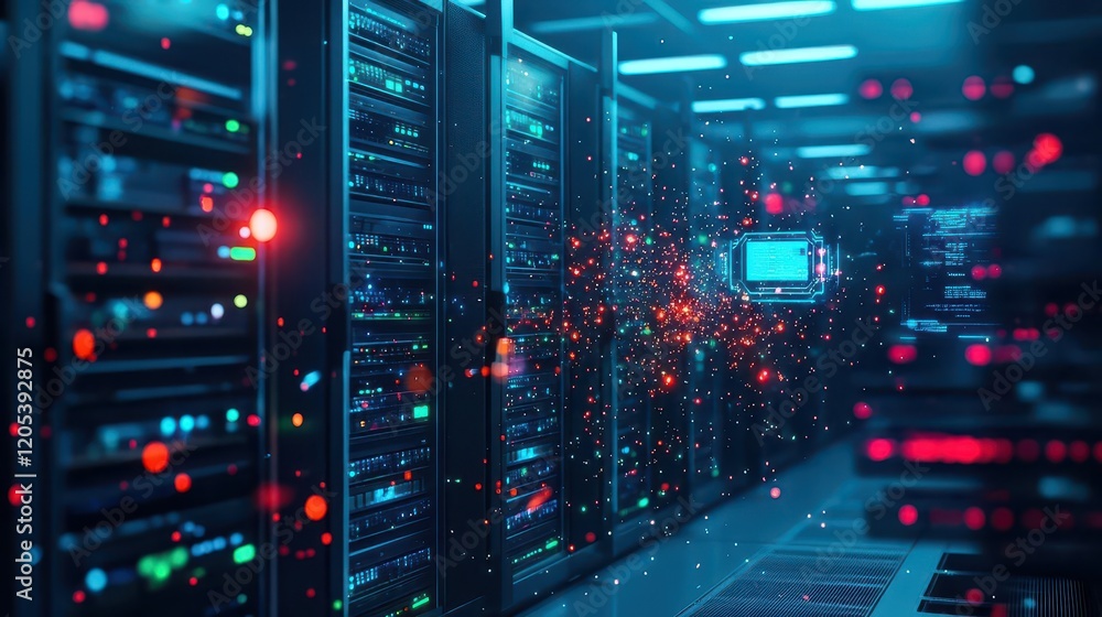 Poster High-Tech Server Room Filled with Rows of Powerful Servers Illuminated by Soft LED Lights Creating a Futuristic and Efficient Data Center Environment