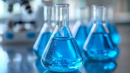 A close up of glass beakers filled with clear blue liquid