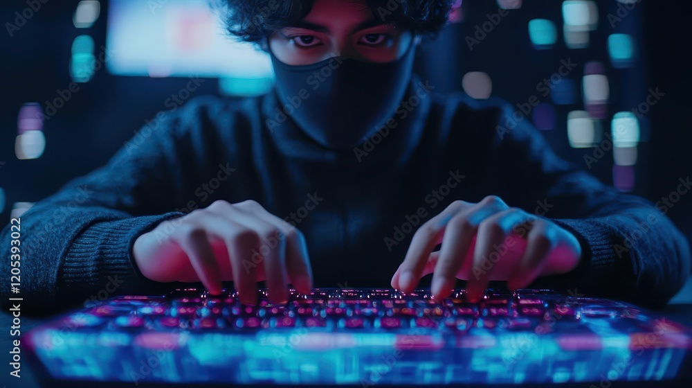 Poster Engaged Gamer Concentrating on Computer Screen in a Modern Room Filled with Ambient Lighting and Tech Gadgets Creating an Intense Gaming Atmosphere